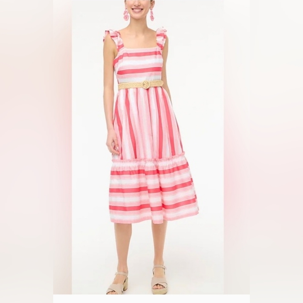 J. Crew Pink and White Striped Dress with Ruffle Sleeves Size 4